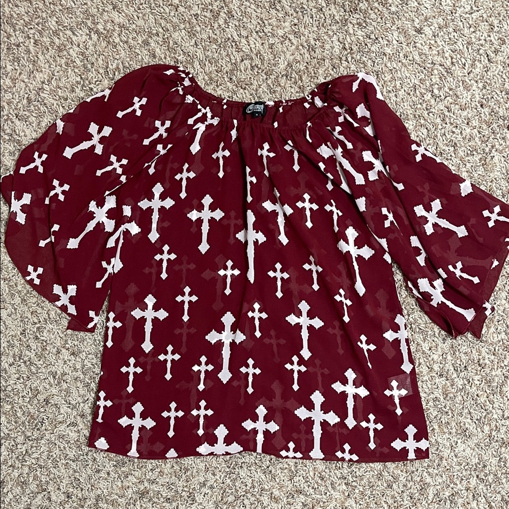 Chic Burgundy Top with White Cross Design
